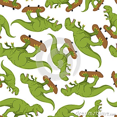 Tyrannosaurus on skateboard pattern seamless. Dino Skateboarder background. T Rex texture. Prehistoric lizard monster riding Vector Illustration