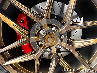 Tyre and alloy wheel. Modern brakes. Car exterior details. Car alloy wheel. New alloy wheel for a car. Alloy rim wheel disc Stock Photo