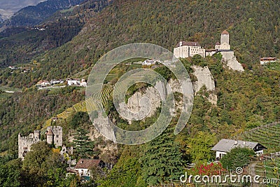 Tyrol Castle and Castel Fontana (Brunnenburg castle), Tirolo, Italy Stock Photo