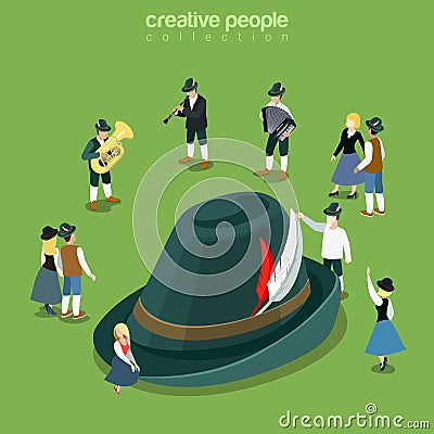 Tyrolean Alpine Bavarian hat traditional flat isometric vector Vector Illustration