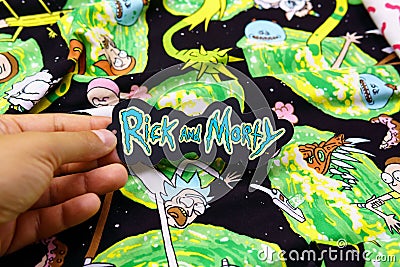 Tyumen, Russia-August 27, 2021: Rick and Morty T-shirts with the image. American comedy animated series Editorial Stock Photo