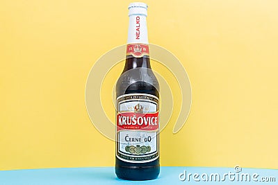 Tyumen, Russia-December 10, 2020: bottle of dark Krusovice Czech non-alcoholic beer. logo close-up Editorial Stock Photo