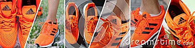 Tyumen, Russia-January 21, 2023: Running orange sneakers adidas, Adidas, a multinational company. Collage, banner, wide Editorial Stock Photo