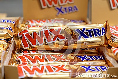 Tyumen, Russia-January 26, 2023: Twix bars xtra are produced by Mars Incorporated. This name has been used since 1991 Editorial Stock Photo