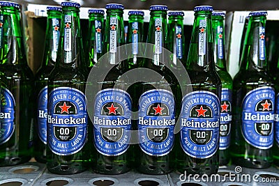 Tyumen, Russia-July 12, 2020: Heineken non-alcoholic beer on the shelves of a hypermarket Editorial Stock Photo