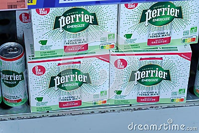 Tyumen, Russia-June 30, 2022: Perrier is a French brand of premium mineral water, energize caffeine yerba mate Editorial Stock Photo