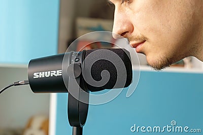 Tyumen, Russia-March 30, 2022: Professional microphone Shure mv 7. Shure Incorporated is an American corporation Editorial Stock Photo