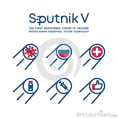 Tyumen, Russia. March 15, 2021: Russian vaccine SPUTNIK V Vector logo image. SPUTNIK V THE FIRST REGISTERED COVID-19 VACCINE. Vector Illustration