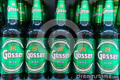 Tyumen, Russia-may 17, 2020: Gosser beer in a supermarket shelf. A brand of Austrian beer produced at the Goss Editorial Stock Photo