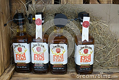 Tyumen, Russia-November 20, 2020: Jim Bim Kentucky red stag bourbon on a supermarket shelf Editorial Stock Photo