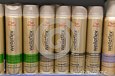 Tyumen, Russia-October 11, 2020: spray Wellaflex Hairspray. Produced by Wella, Germany. on the shelves of the metro hypermarket Editorial Stock Photo