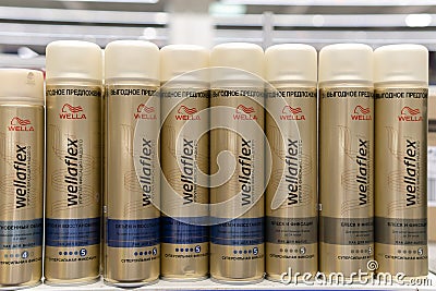 Tyumen, Russia-October 11, 2020: Wellaflex hairspray close-up selective focus. selling cosmetics in a hypermarket Editorial Stock Photo