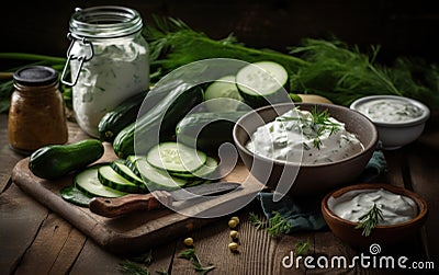 Tzatziki sauce ingredients cucumber garlic Healthy food backgrou Stock Photo