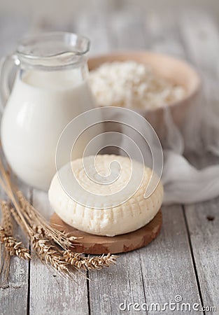 Tzfat cheese, milk, cottage cheese and wheat Stock Photo