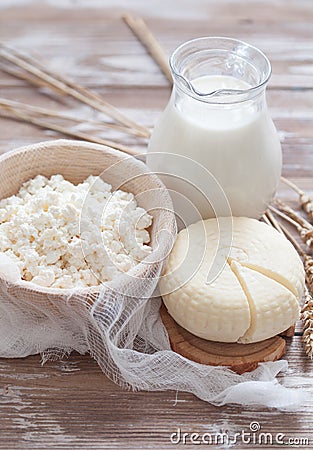 Tzfat cheese, milk, cottage cheese and wheat Stock Photo