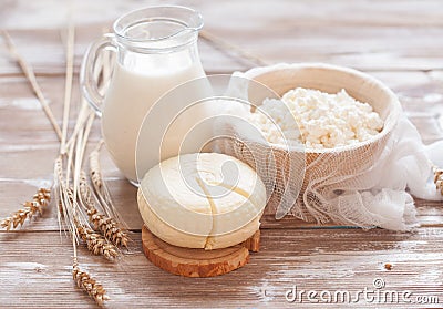 Tzfat cheese, milk, cottage cheese and wheat Stock Photo