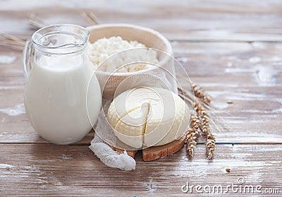 Tzfat cheese, milk, cottage cheese and wheat Stock Photo