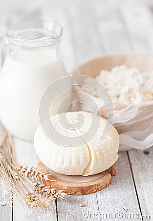 Tzfat cheese, milk, cottage cheese and wheat Stock Photo