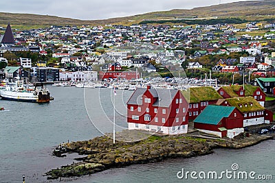 TÃ³rshavn harbor traditional houses, Faroe Islands Stock Photo
