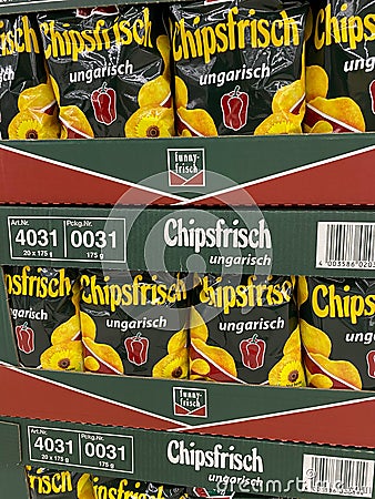 View on isolated Funny-Frisch Chipsfrisch bags in a row Editorial Stock Photo