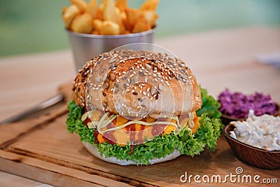 Served beautiful tasty hamburger with fries and coleslaw Stock Photo