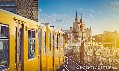 U-Bahn with Oberbaum Bridge at sunset, Berlin Friedrichshain-Kreuzberg, Germany Stock Photo