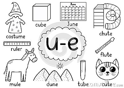 U-e digraph spelling rule black and white educational poster for kids with words Vector Illustration