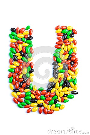 U Letter of alphabet made of candy isolated on white background Stock Photo