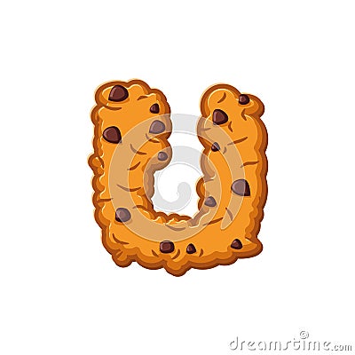 U letter cookies. Cookie font. Oatmeal biscuit alphabet symbol. Vector Illustration