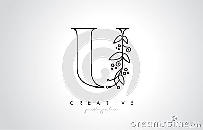 U Letter Logo With Organic Monogram Plant Leafs Detail and Circle Design. Creative Letter Icon Vector Illustration