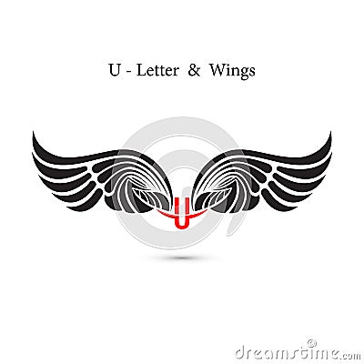 U-letter sign and angel wings.Monogram wing logo mockup.Classic Vector Illustration