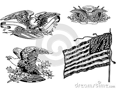 U.S. eagles and old U.S. historical flag Vector Illustration