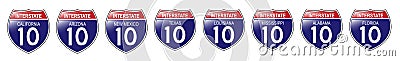 U. S. Interstate 10 Signs, California to Florida Vector Illustration