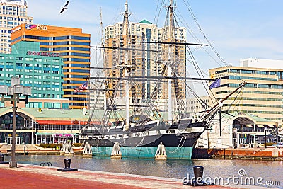 U.S.S. Constellation historic ship docked in Baltimore Inner Harbor in winter. Editorial Stock Photo