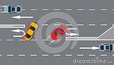 U turn car red and yellow top view vector illustration traffic road. Sing arrow transportation highway background direction. Vector Illustration