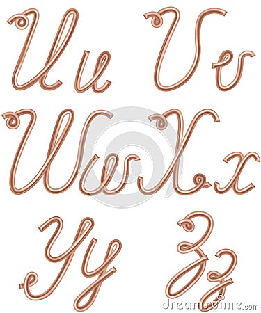 U, V, W, X, Y, Z Vector Letters Made of Metal Copper Wire. Vector Illustration