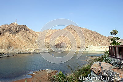 UAE,Fujeirah,20 of May 2019 - Khor Fakkan, UAE: View of Lake and Boats at Al Rafisha Dam, Khor Fakkan Editorial Stock Photo