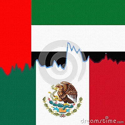 UAE and Mexico flags separated by a line chart. Stock Photo