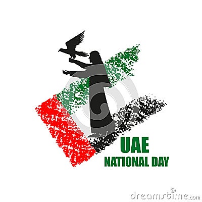 UAE National Day poster with falconer silhouette and flag Vector Illustration