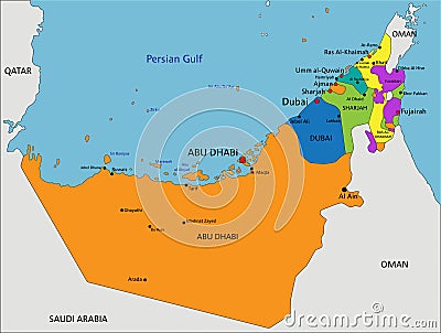 Colorful United Arab Emirates political map with clearly labeled, separated layers. Vector Illustration
