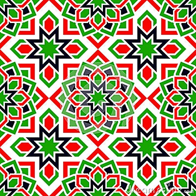 UAE seamless pattern. Arabic repeated background. Traditional emirates flag colors. Red, green, white, black. Islamic Vector Illustration