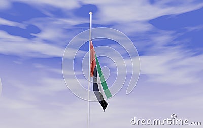 UAE United Arab Emirates Flag Half Mast - Sign of Mourning - 3D Illustration Stock Photo