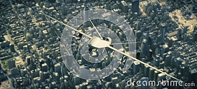 UAV armed reconnaissance and attack drone flying high above a metropolitan city. Stock Photo