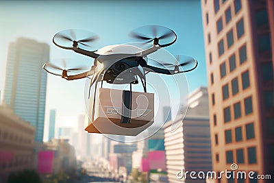 UAV drone delivery delivering big brown post package into urban city Cartoon Illustration