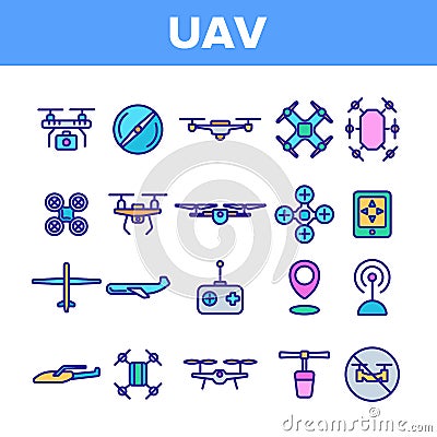 UAV, Remote Control Drones Vector Linear Icons Set Vector Illustration