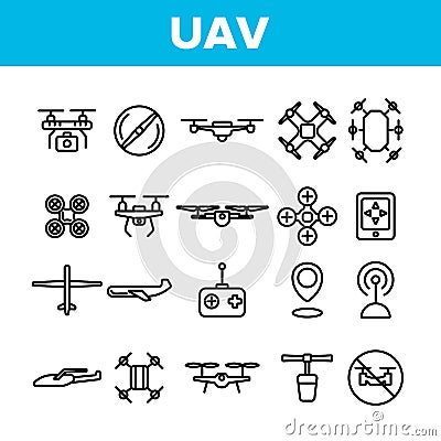 UAV, Remote Control Drones Vector Linear Icons Set Vector Illustration