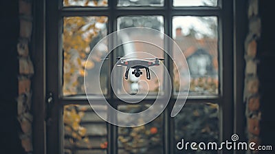 Creepy UAV Unmanned Aircraft Drone Flying Just Outside The Window of A House Stock Photo