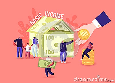 Ubi, Universal Basic Income Concept. Tiny Male and Female Characters around of Huge House Made of Currency Bills Vector Illustration
