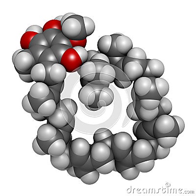 Ubiquinol molecule. Reduced form of coenzyme Q10. 3D rendering. Atoms are represented as spheres with conventional color coding: Stock Photo