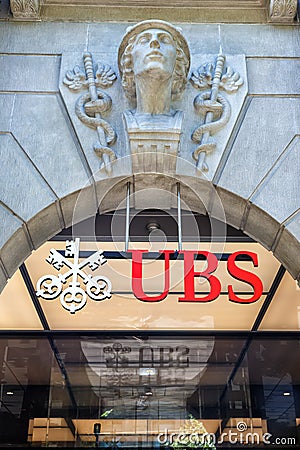 UBS Bank logo at company headquarters at Paradeplatz in Zurich, Switzerland Editorial Stock Photo